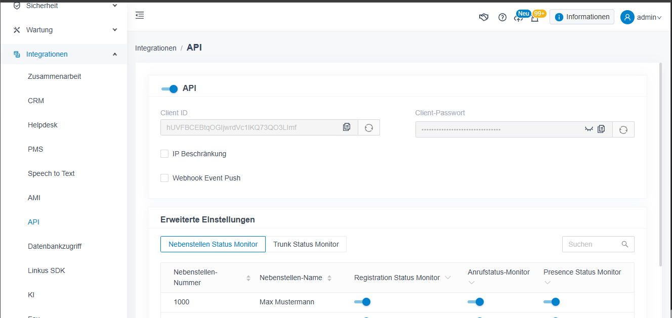 yeastart links im Menü APi auswählen im Browser der Yeaster